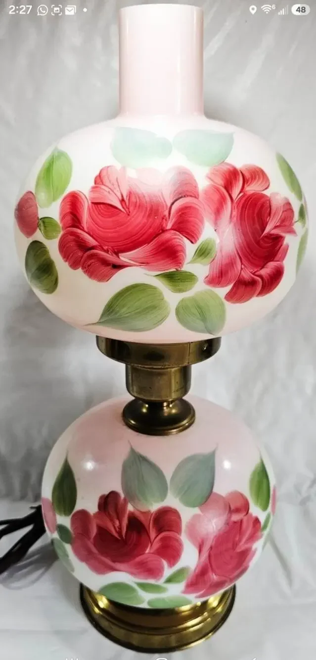 Vintage Hand Painted Pink Floral Gone With The Wind Hurricane Parlor Lamp 16.5